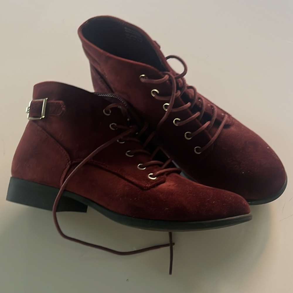 Call It Spring Burgundy velvet boots